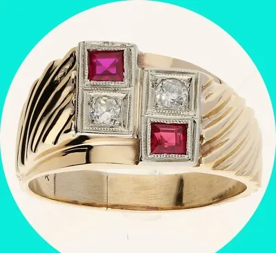 Mens Vintage H-I Color Diamond Ruby .49CT Ring YG Size 10 1/4 • $499