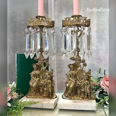 Antique Victorian Girandole Candlesticks Marble Brass Crystal Prisms Single 2* • $788