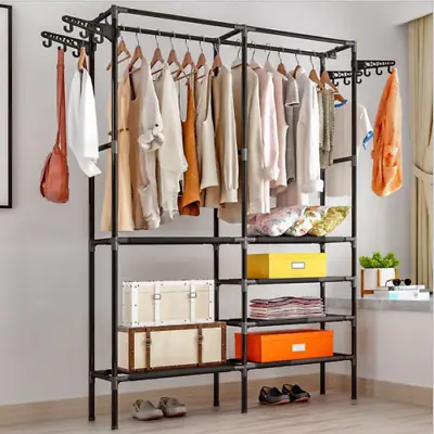 £18.99 • Buy Large Heavy Duty Hanging Clothes Garment Rail With Shoe Rack Shelf And Hat Stand