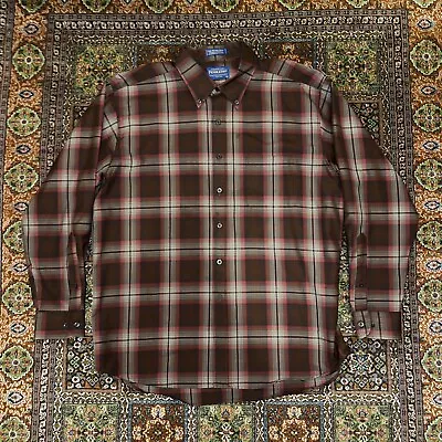 Pendleton 100% Wool X-Large Long Sleeve Plaid Shirt Brown Red White Moth Holes • $38