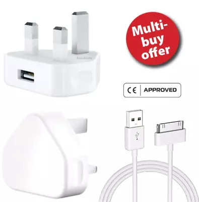 Charger Plug And 1 Meter Cable Lead 30 Pin For IPhone 3GS 4 4S IPad IPod • £29.99