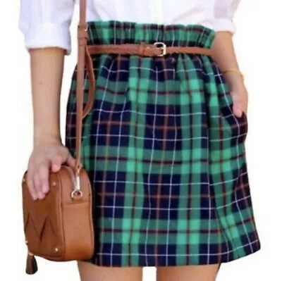 J.CREW City Mini Skirt Tartan Plaid Dublin Check Pleated A-Line Green Wool Sz 4 • $34.99