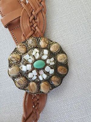 Vintage CAbi Brown Leather Braided Belt W Turquoise & Cream Stones  Medium  • $15