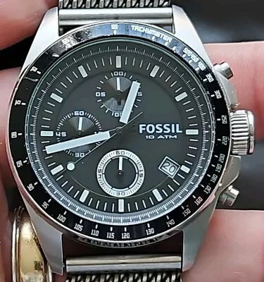 Mens Steel Semi-Mesh Bracelet Fossil CH2602 Decker Black Dial Chrono Watch • £44.99