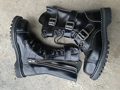 Riot 12 Goth Combat Biker Steel Toe Ankle  Black LEATHER Men DEMONIA Size 10 Men • $80