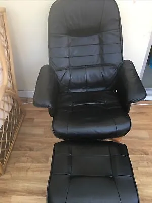£80 • Buy Black Leather Recliner Chair With Foot Stool Comfortable Strong 