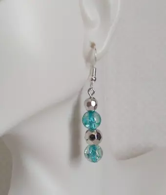 Mermaid Blue Crackle Glass Beaded Dangle Earrings Silver Tone Handmade Ocean Sea • $5.09