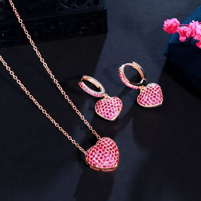 Chic Gold Plated Heart Shape CZ Zircon Micro Paved Necklace Earrings Jewelry Set • $10.33