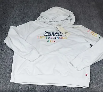 Levis Original Mens Long Sleeve Logo Hoodie Pullover XL White Embroided Rainbow • $35.99