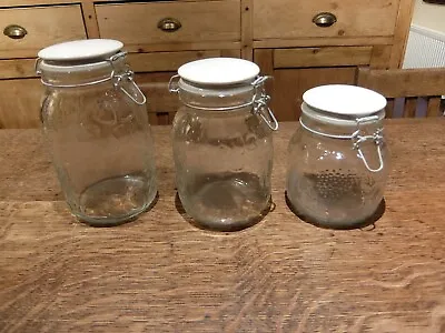 Set Of 3 Glass Storage Jars With Ceramic Lids Kitchen/Bathroom/Display • £22