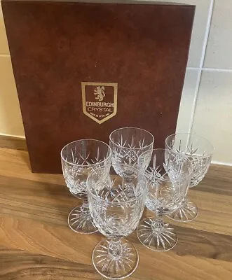 Vintage Set Of 5 Edinburgh Crystal Goblet Wine Glasses 5” In Original Box  • £30