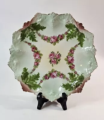 Moritz Zdekauer (MZ) Austria 8  Scalloped Plate Evergreen Pink Roses 1884-1909 • $29