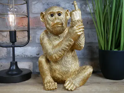 Rude Monkey Ornament Cheeky Gold Animal Statue Middle Finger Up Chimp Sculpture • £12.49