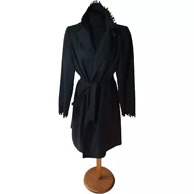 Miss V Valentino Vintage 90s Wool Felt Belted Fringed Beaded Coat Size UK 10 • £42