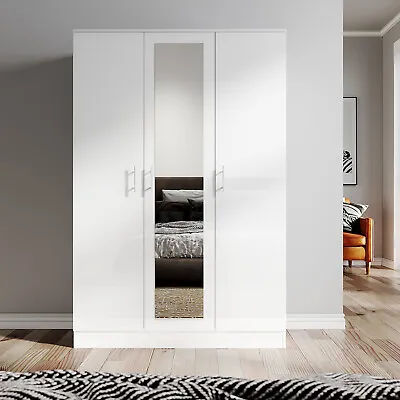 3 Door Triple Mirrored Wardrobe White High Gloss With Hanging Rail & Shelves • £229.98