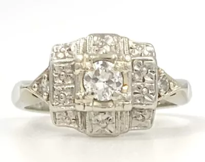 Antique Art Deco Solid 14K White Gold Filigree Diamond Engagement Ring Sz 5.25 • $395