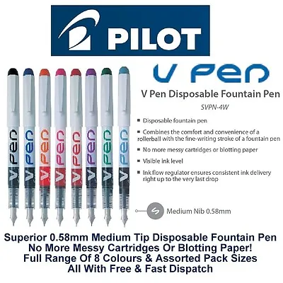 £3.89 • Buy Pilot V Pen Fountain Pen Disposable Medium Line Liquid Ink Svpn-4W All Colours