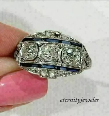 3 Stone 2CT Round Lab-Created Diamond Blue Vintage Art Deco Ring White Gold Over • $148.34