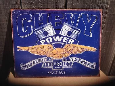 Vintage Chevy Power Since 1911 Tin Metal Sign Garage Shop Classic Wings Pistons • $19.95