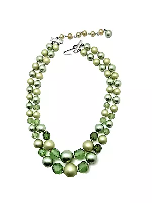 Vintage Faux Pearl Choker Necklace Green Faceted Double Strand 13 -15  Japan • $14.95