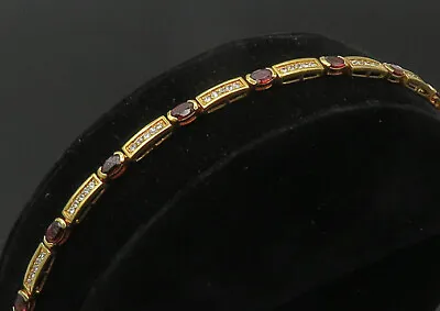 925 Sterling Silver - Vintage Garnet & Topaz Gold Plated Chain Bracelet - BT8550 • $78.16