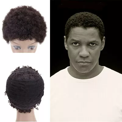 Handmade Afro Curly Toupee For Men 100%  Human Hair Black African American Wigs • $42.99