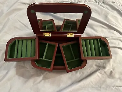 Wooden Flip Lid Jewelry Box W/Mirror & Four Side Swing Drawers Ring Holder • $15.99