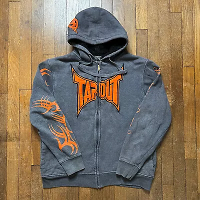 Y2K Tapout MMA Grunge Full Zip Fleece Fuz Lined Hoodie Orange Spellout Grey L • $59.95