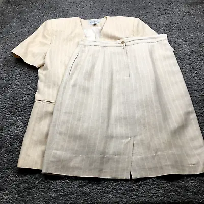Amanda Smith Womens Linen Skirt Suit Sz 12 Ivory Pinstripe  Short Sleeve • $44.09