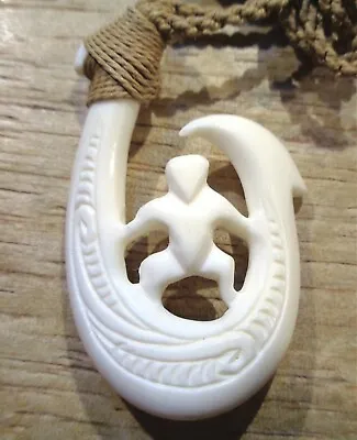 34mm Master Carved Maori Fish Hook Of Maui Puhoro Water Buffalo Bone Necklace • $140