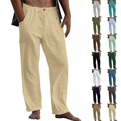 Mens Cotton Linen Elasticated Waist Trousers Casual Yoga Loose Drawstring Pants • $20.59