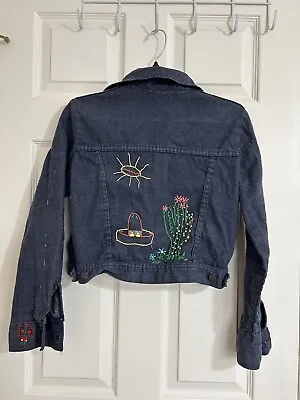 Vintage Hand Embroidered Blue Jeans Denim Cropped Jacket Small No Tag No Brand • $35