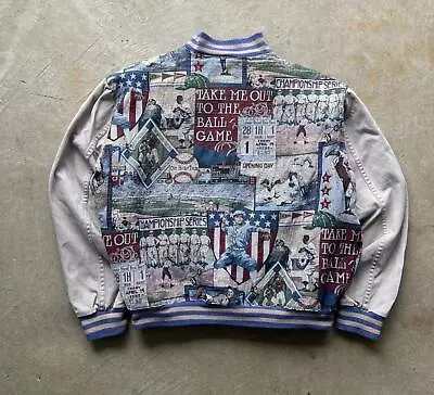 80s Rare American Baseball Tapestry Denim Varsity Jacket • $120