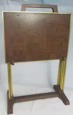 Vintage Set Of 4 Faux Parquet Wood Metal TV Trays With Stand Cart Retro • $111.50