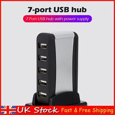Vertical 7 Port USB Hub USB 2.0 Splitter With Power Adapter For PC Accessories • £9.19