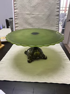 Vintage Frosted Green Glass And Brass/Bronze Pedestal Cake Plate • $40