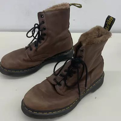 Dr. Martens Serena Brown Faux Fur Combat Leather Boots Women's Size 8 • $36