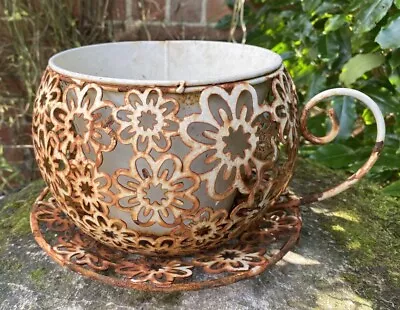 Vintage Lovely Weathered Metal Teacup Pot Plant Stand Planter Garden Interior • £0.99