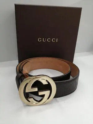 Gucci Authentic Belt Interlocking Leather Brown Silver Color Men's Size 36 Box • $261.73