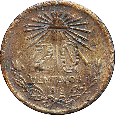 Mexico RevMex 20 Centavos 1915 Aguascalientes Flat Bottom Of  2 . KM# 605 • $70