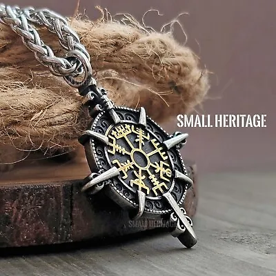 Viking Vegvisir Compass Necklace Stainless Steel Pendant Chain Amulet Men Women • $20.50