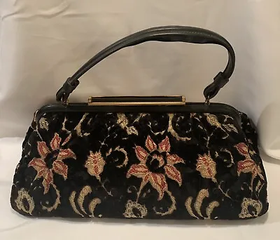 Vintage Verdi Black Floral Carpet Purse Handbag Mid Century Bright Red Inside16” • $16