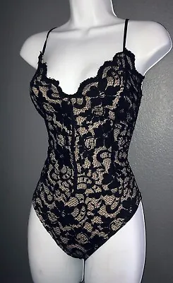 Socialite Black Beige Lace Sexy Bodysuit Top Womens Size Small • $16.99