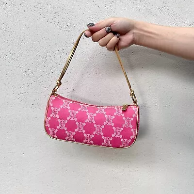 RARE☆☆☆Auth CELINE Pink Gold Macadam Accessories Pouch On Shoulder Bag Vintage • $898