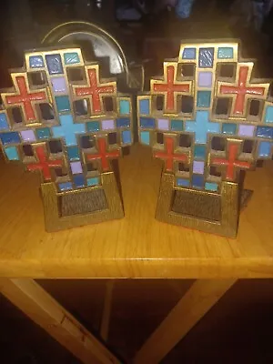 1969 Terra Sancta Guild Brass & Enamel Bookends Made In Israel. Fantastic Color • $34