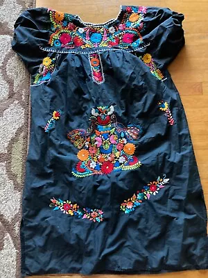 Vintage Mexican Embroidered Oaxacan Black Boho Floral PEACOCK Dress • $71.96