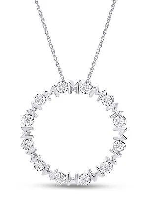 Mom Circle Pendant 18  Necklace Natural Round Diamond Accents Sterling Silver • $52.57