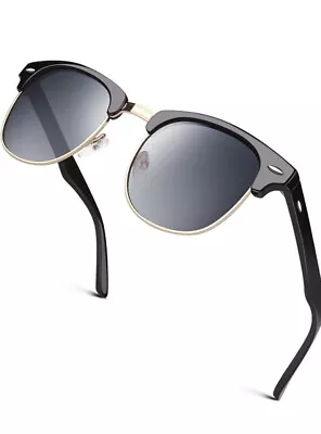 GQUEEN Horn Rimmed Half Frame Polarized Sunglasses Mens /Womens- Black Silver • £7.99