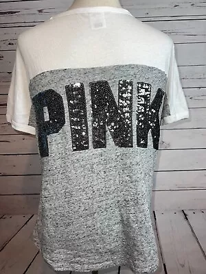 Victorias Secret Pink Short Sleeve Tee Shirt Sequins Medium T-Shirt Bling Dog • $20.06