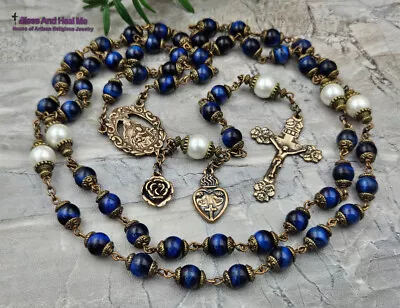 Mother Mary Tween Hearts Blue Tiger Eye Pearl Shell Vintage Bronze Rosary • $159